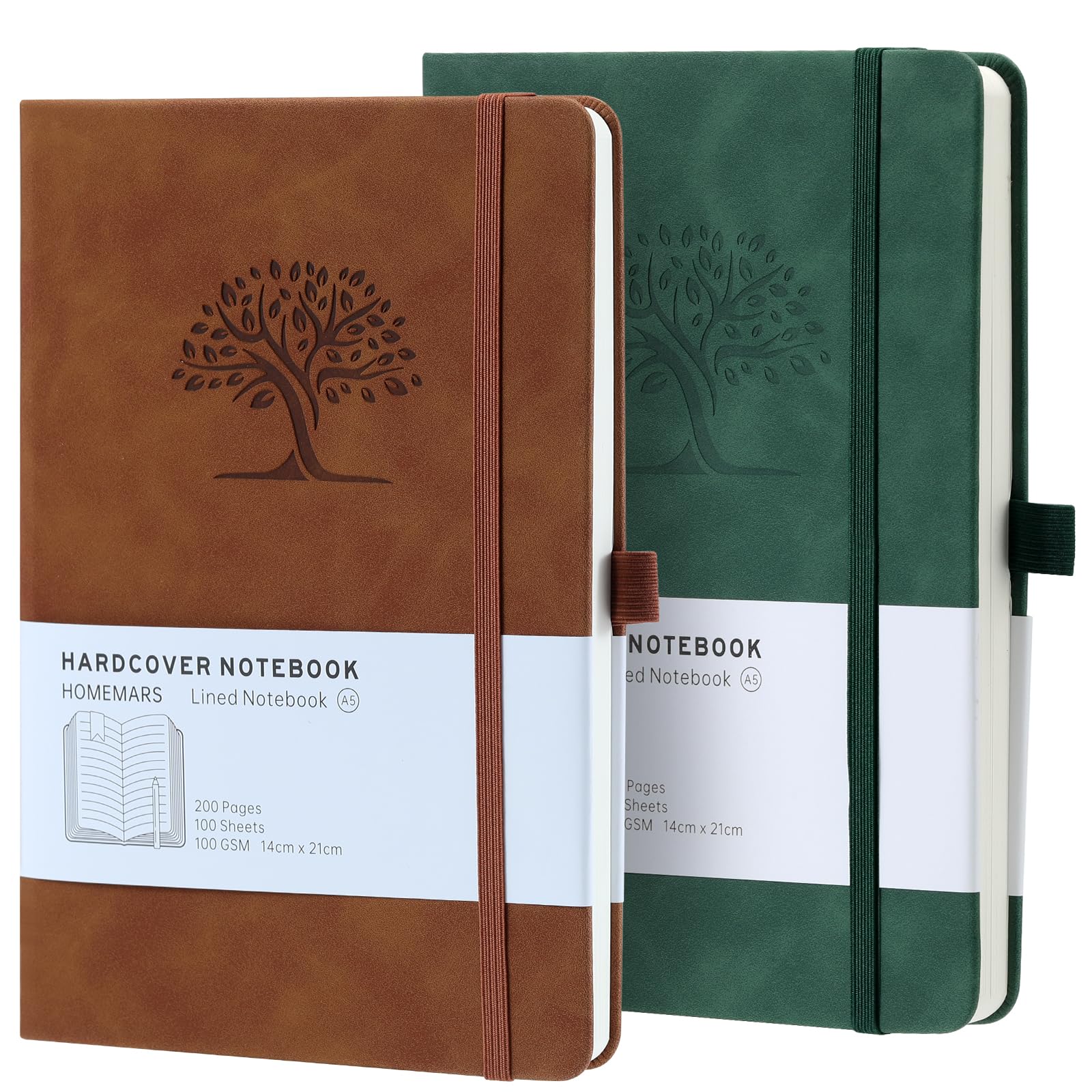 HOMEMARS Notebook, a5 Notebook, Notebook a5, Diary, Journal for Men, Hardback Notebook, Notepad, Journal, a5 Notebooks, 2 Pack, Brown Green, 100 Sheets, 100gsm, Embossing Tree Design, Vegan Leather