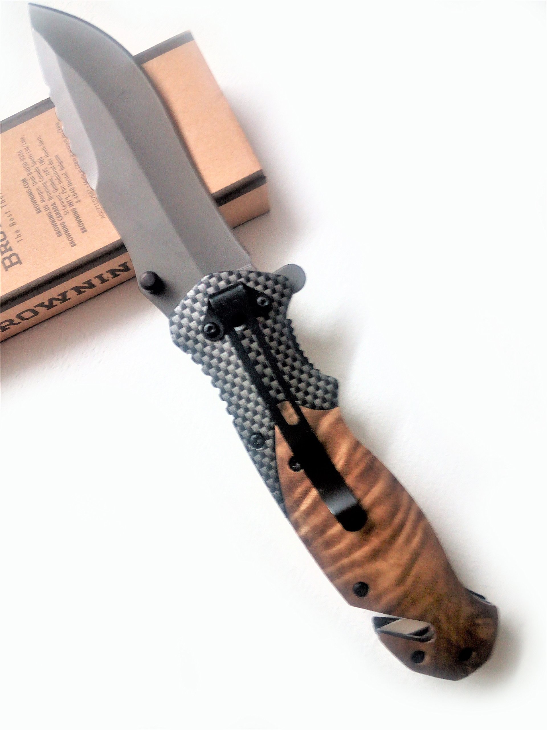 Brrrowning Hunting Folding Knife with Seat Belt Cutter and Slotted Screwdriver for Survival Camping Tactical, Gray Titanium Coating Blade and Wood Handle