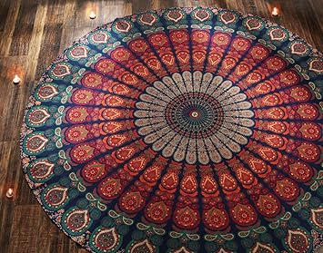 RajRang Cotton Printed Tapestry Round Floral Bedsheet (Red)