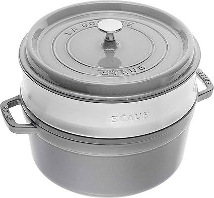 STAUB Cocotte Redonda con Cesta Vapor, Hierro Fundido, Gris Grafito, 26 cm