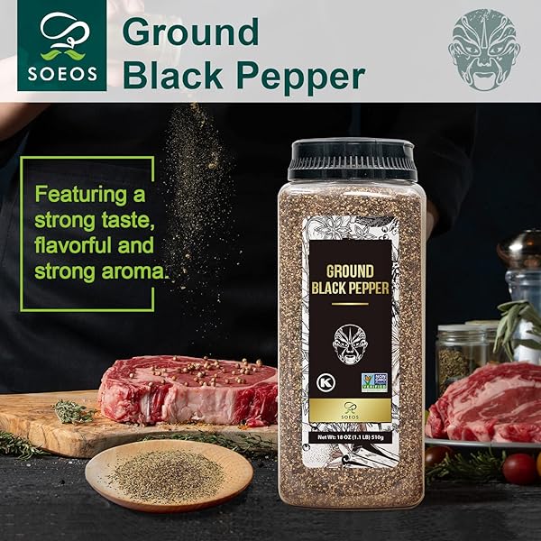 SOEOS TABLE GROUND BLACK PEPPER, 18 OZ (510G) NON-GMO, FRESHLY PEPPERCORN POWDER BULK, PACKED TO KEEP PEPPERS FRESH, READY TO USE PEPPERCORNS FOR REFILL, REGULAR