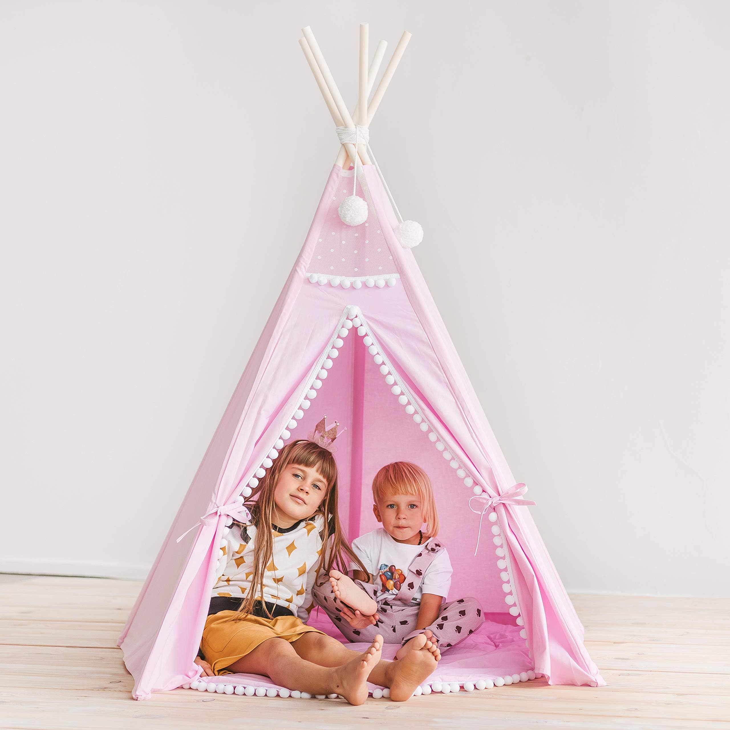 MINICAMP Pink Teepee with Playmat for Girls Childs Play Tent with Pom Poms - Children Teepees from 100% Cotton and Natural Wood - Stable and Safe Child Tepees