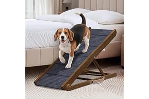 PATHOSIO PETS Adjustable Dog Ramp for Bed - Foldable Wooden Ramp for Dogs to Get on Bed, Couch, or Car with 13.4" Wide Walking Space (Walnut Wood with Gray Carpet, Medium)