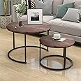 HOJINLINERO Industrial Round Coffee Table Set of 2 End Table for Living Room,Stacking Side Tables, Sturdy and Easy Assembly,Wood Look Accent Furniture with Metal Frame,Black+Rustic Brown