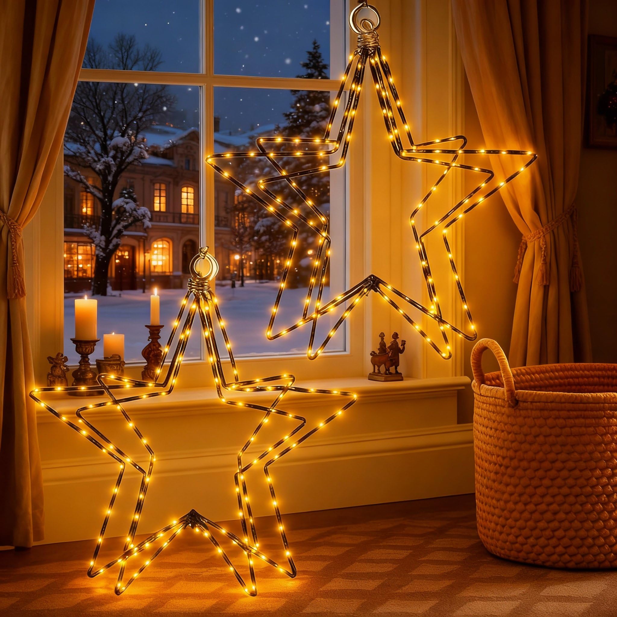 Photo 1 of 2 Pack Foldable Christmas 3D Star Shaped Lights with 50 LEDs 8 Lighting Modes Timer Battery Operated Pre-lit 12" Christmas Window Star Light Indoor String Lights Warm White for Xmas Holiday Party