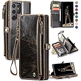 Defencase for Galaxy S25 Ultra Case Wallet with RFID Blocking Card Holder for Women Men, PU Leather Magnetic Snap Flip Wrist Strap Zipper Wallet Phone Cases for Samsung Galaxy S25 Ultra 6.9", Coffee