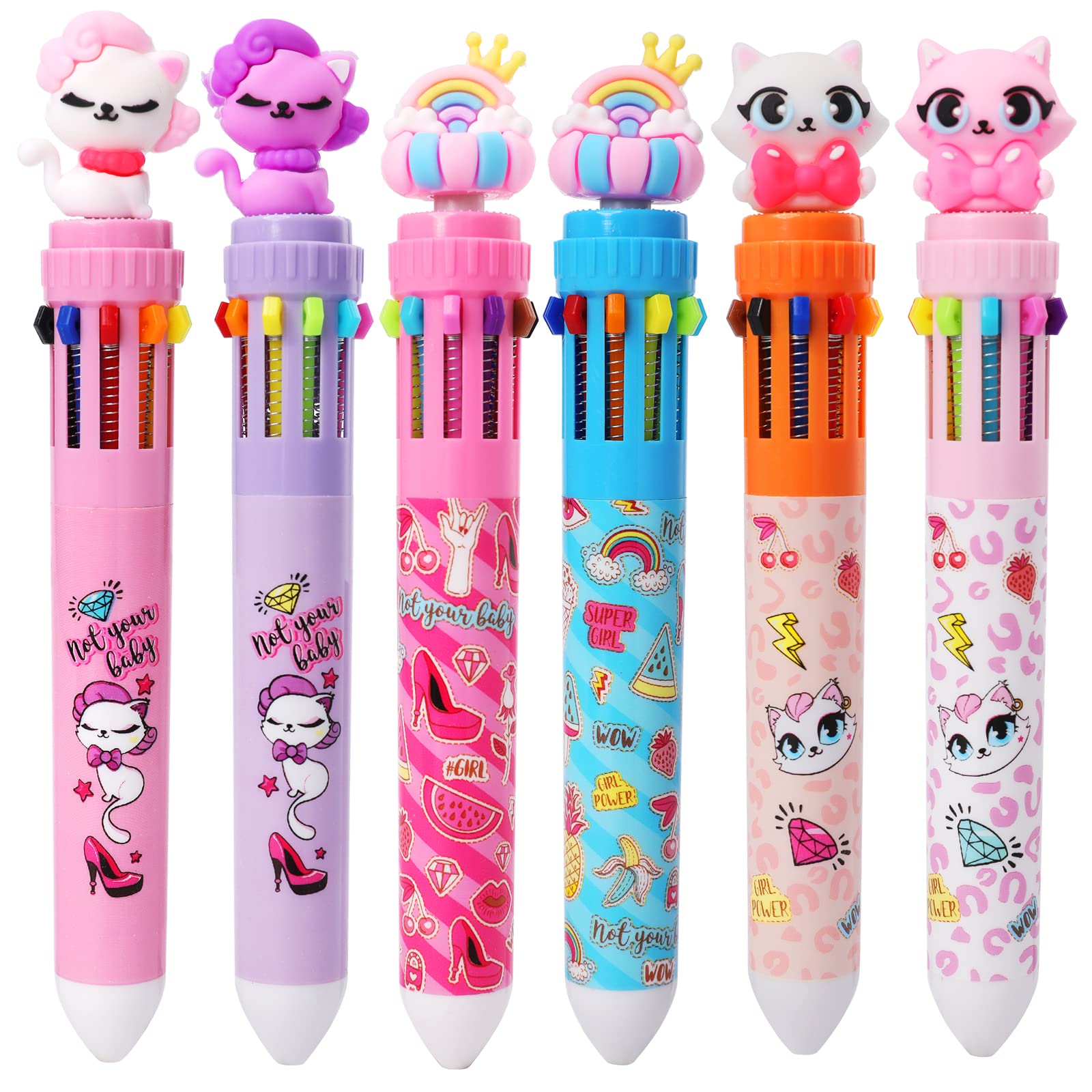 Pinkgarden 6 Pack Multicolor Ballpoint Pen 0.5mm,10-in-1 Colored Retractable Space Ballpoint Pens for School Supplier Office Students Children Gift (Cat Style)