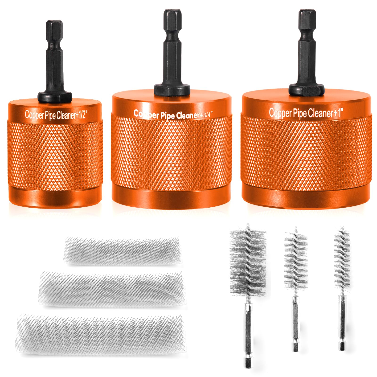 Photo 1 of [3-Size/9PC] Metal Copper Pipe Cleaner Set for Drill,1/2" & 3/4" & 1" [1 Cleaning Brush & 2 Brushing Pieces for Each Size] Clean Copper Pipes for Soldering,w/Stainless-Steel Wire Bristles & 1/4" Shank