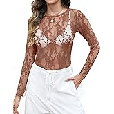 LOMON Womens Mesh Tops Lace Shirts Long Sleeve Crew Neck Sexy See Through Blouses Tee Party Club Night