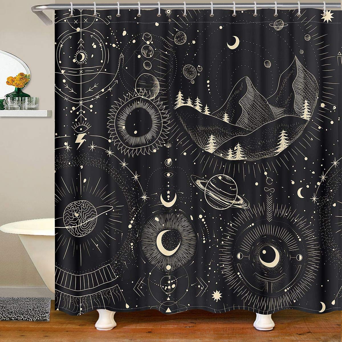 Sun and Moon Shower Curtain with Hooks Galaxy Bohemian Tribal Fabric Bathroom Shower Curtain Boys Girls Boho Exotic Style Waterproof Shower Curtains Astrology Curtain 72x94 Inch — image 1