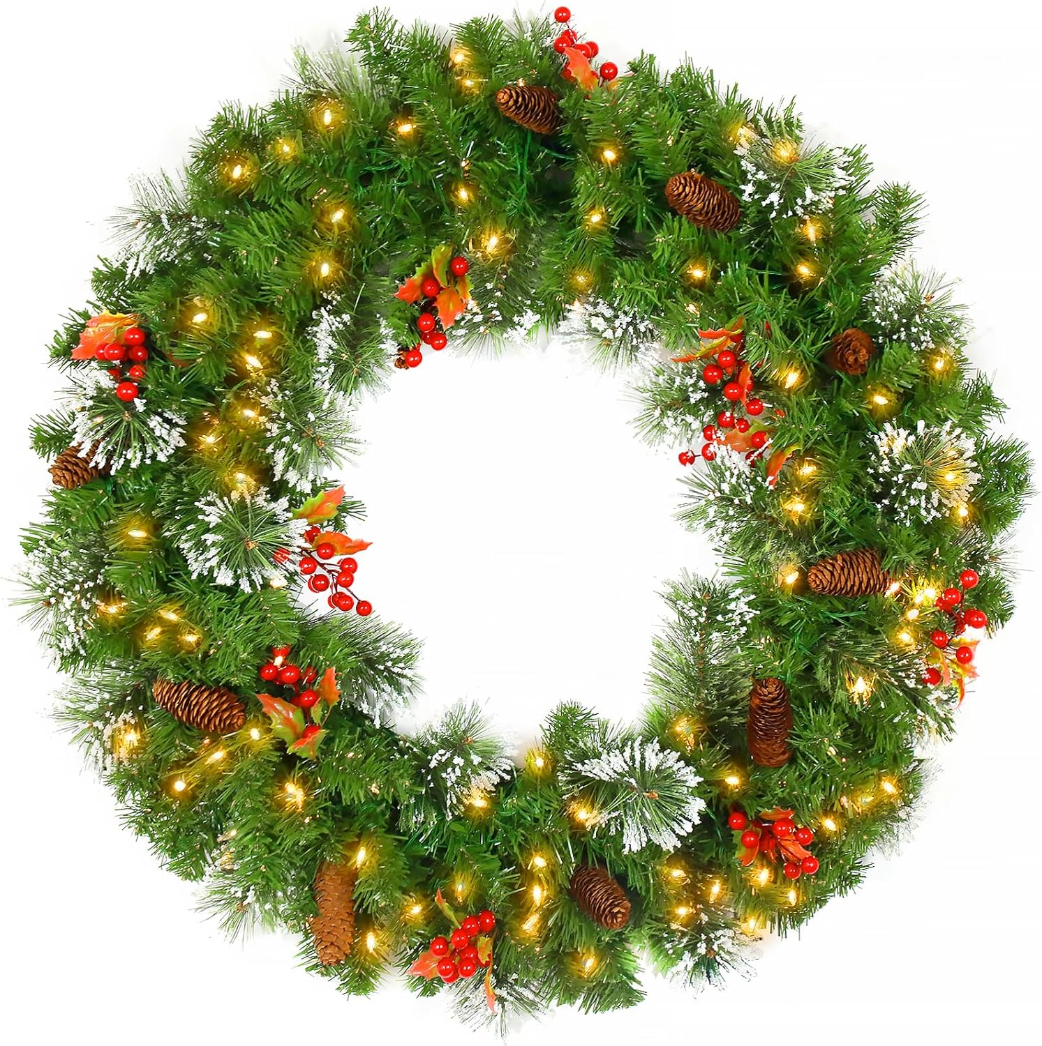 Wreaths, Garlands & Swags - Hykolty 36 in. Pre-Lit Artificial Christmas Wreath Wintry Pine with 150 Warm White LED Lights, Battery Operated, Adorned with Pinecones, Red Berries, Holly Leaves and Snowflakes