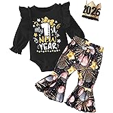 Aulyffo My First New Years Baby Girl Outfit 2026 Long Sleeve Ruffle Romper Flared Pants Hat 3PCS New Year Baby Girl Clothes