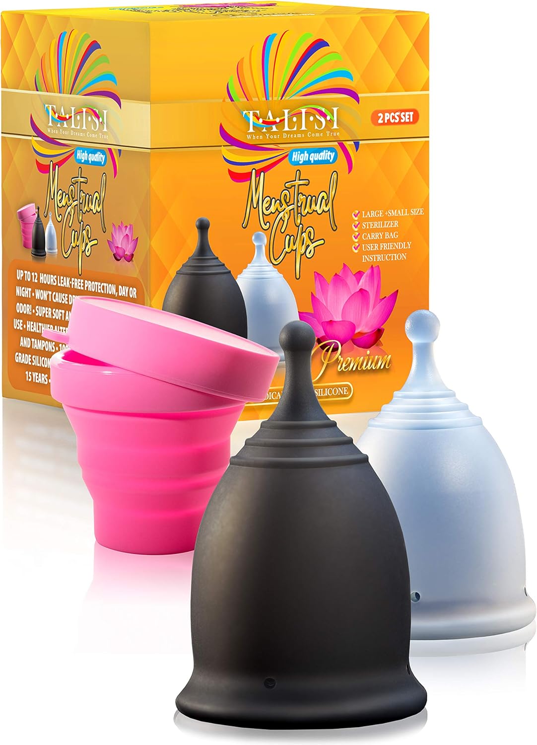 Talisi Reusable 2 Menstrual Cups - Period Cup Set for Women with Collapsible Sterilization Cup and Travel Bag - Feminine Menstruation Alternative to Tampons - Regular and Heavy Flow: Health & Personal Care