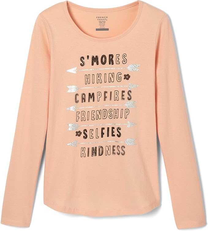 French Toast Girls' Long Sleeve Embellished Graphic Tee, Peach Fade, X-Large (14/16)