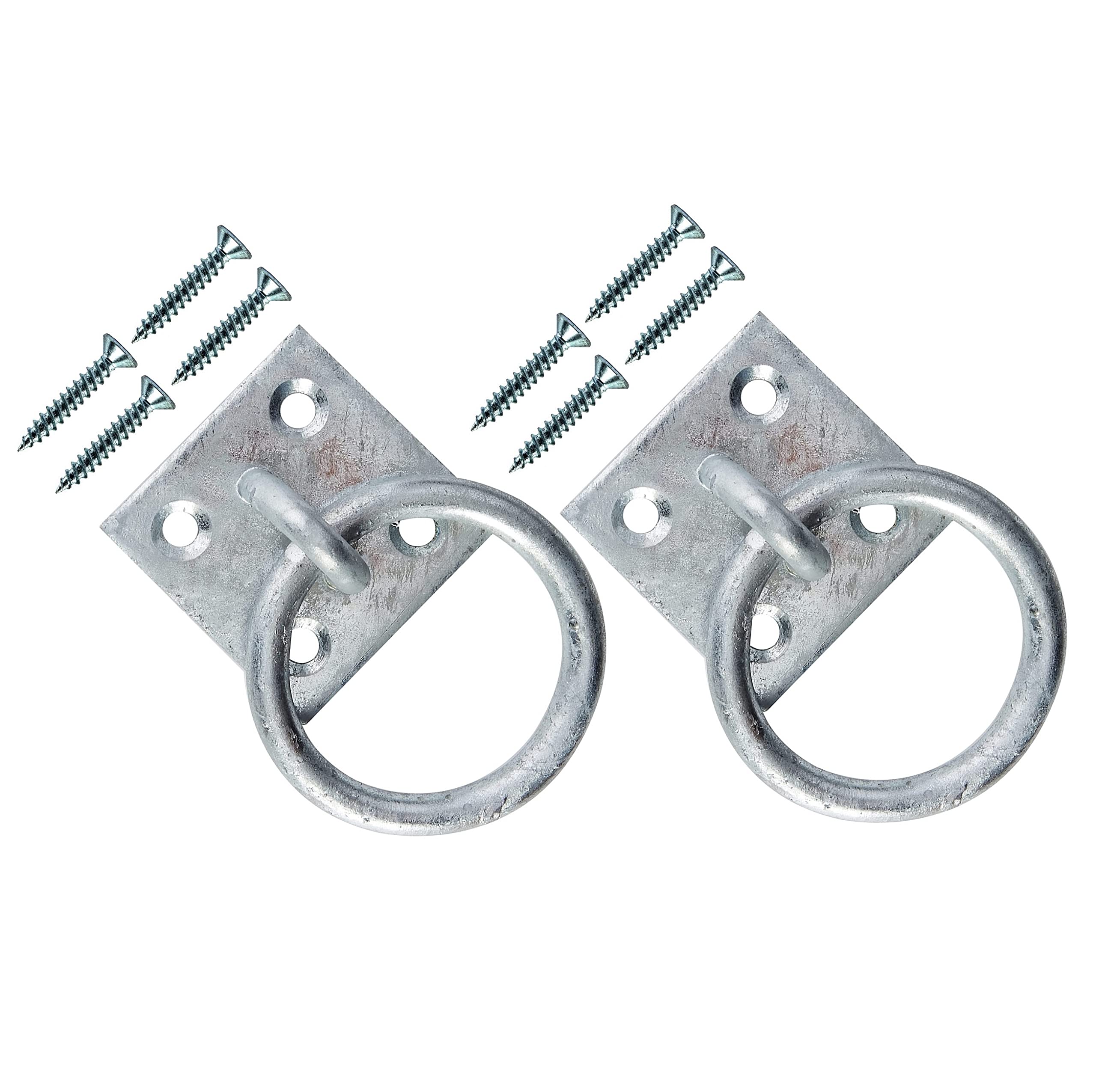 TERF® Heavy Duty Galvanised Security Ring on Plate Hooks 50mm (2 inch) Pad Eye Plate with Hole Ceiling Hook Wall Mount Hook with Screws for Wall Ceiling Hanging and Multi Purpose Use - Pack of 2