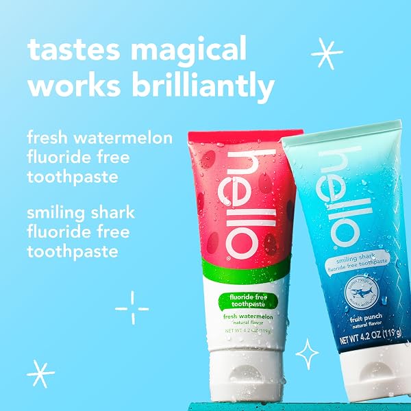 HELLO SMILING SHARK AND FRESH WATERMELON FLUORIDE FREE KIDS TOOTHPASTE PACK, INCLUDES 4.2 OZ SMILING SHARK KIDS AND 4.2 OZ FRESH WATERMELON TOOTHPASTE