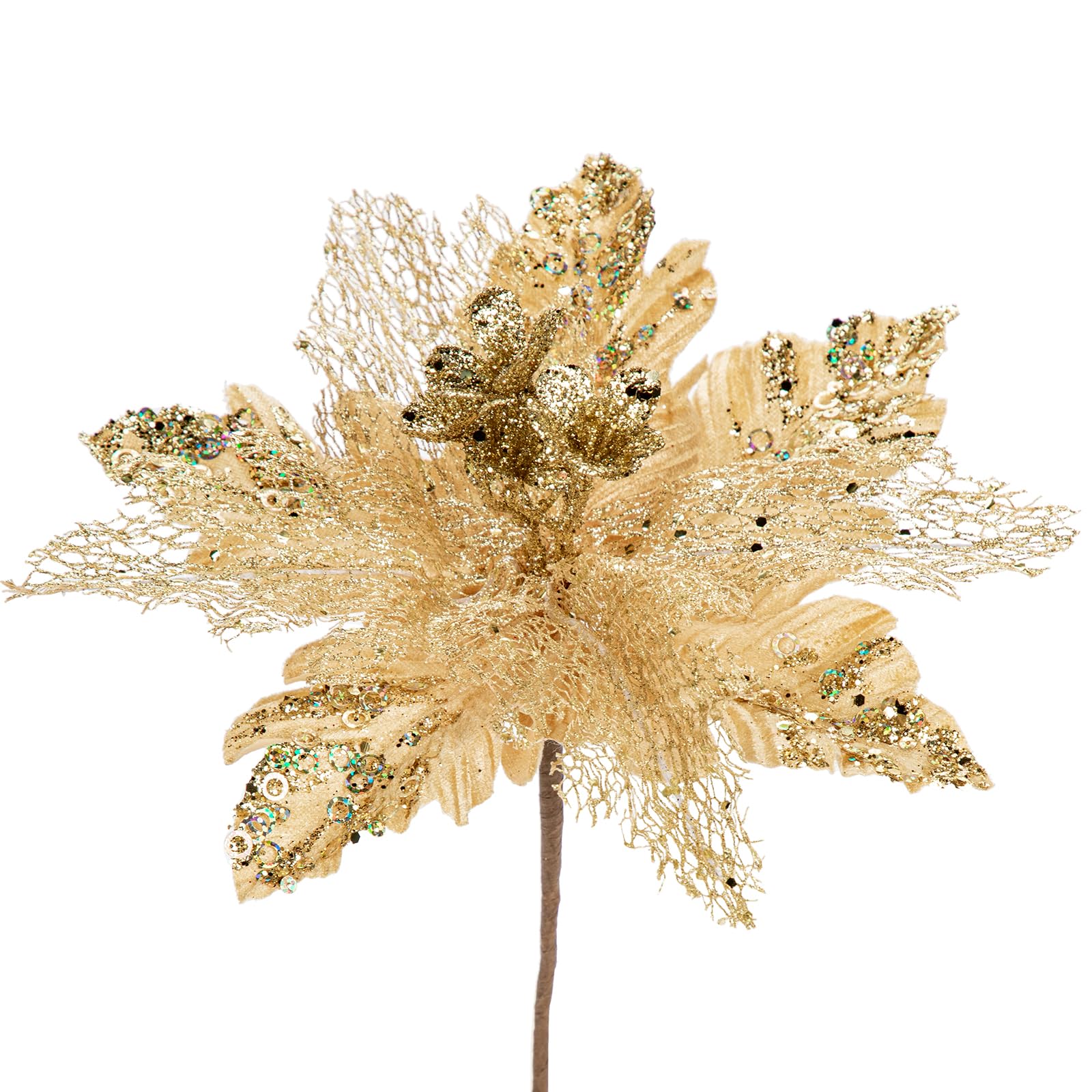 Arborus 6PCS Artificial Flowers Christmas Glitter Poinsettia 11.4" Artificial Large Christmas Flowers Xmas Tree Decorations Gold Poinsettia Christmas Decorations for Xmas Garland Wreath DIY Decor