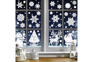 NIVIY 219Pcs Christmas Window Clings Snowflakes Christmas Decorations Clearance Indoor Xmas Window Decals Stickers with Christmas Tree Santa Reindeer Christmas Party Décor