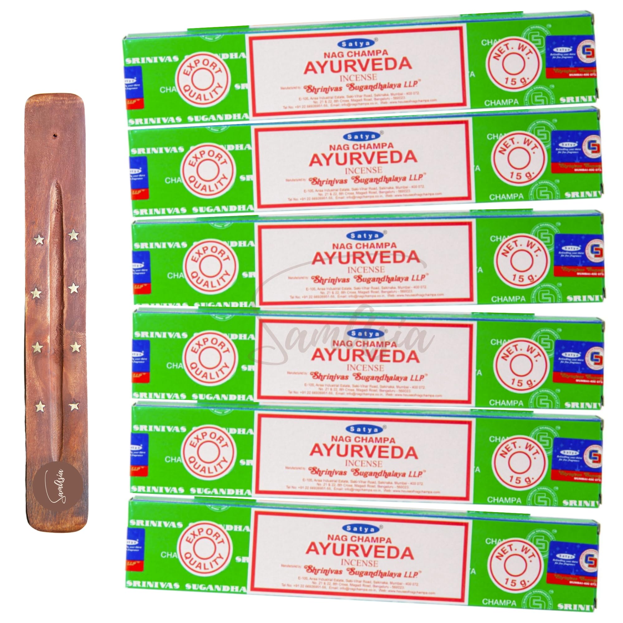 Satya Nag Champa Ayurveda Incense Sticks | x6 pack | with SAMASIA incense sticks holder | Used for Aromatherapy, Spa, Yoga, Weddings, Meditation, Healing, Positivity and Relaxation
