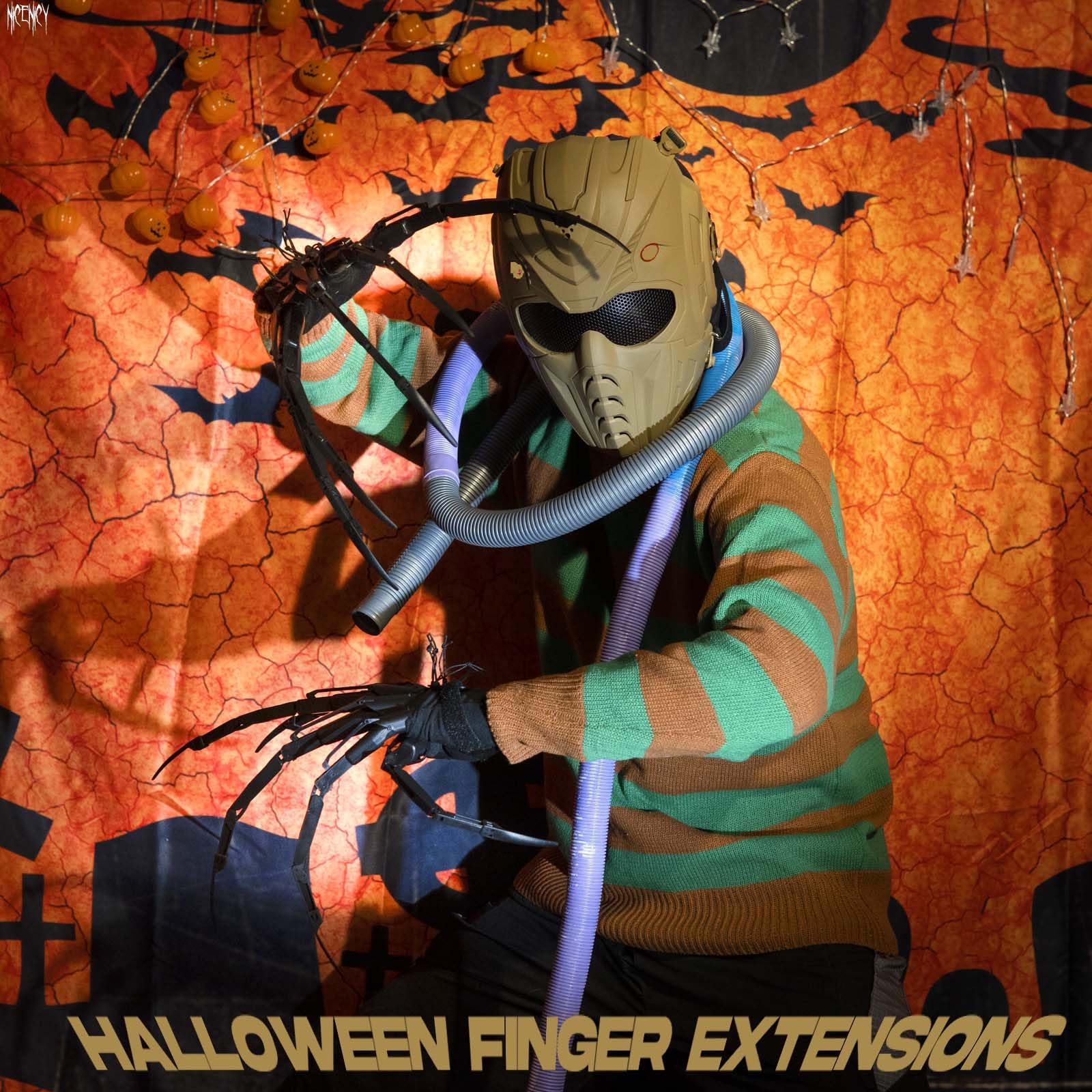 NICENICY New Articulated Finger Extensions With Protective Glove, Halloween Fingers With Fingernails, Long Claw With Gloves, Scary and Flexible Skeleton Claws Hands (Black+Black Nail)