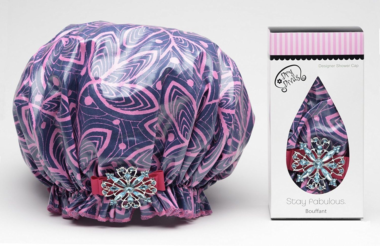 Dry Divas Designer Shower Cap For Women - Washable, Reusable - Large Bouffant Cap With Vintage Jeweled Brooch (Ivy League)