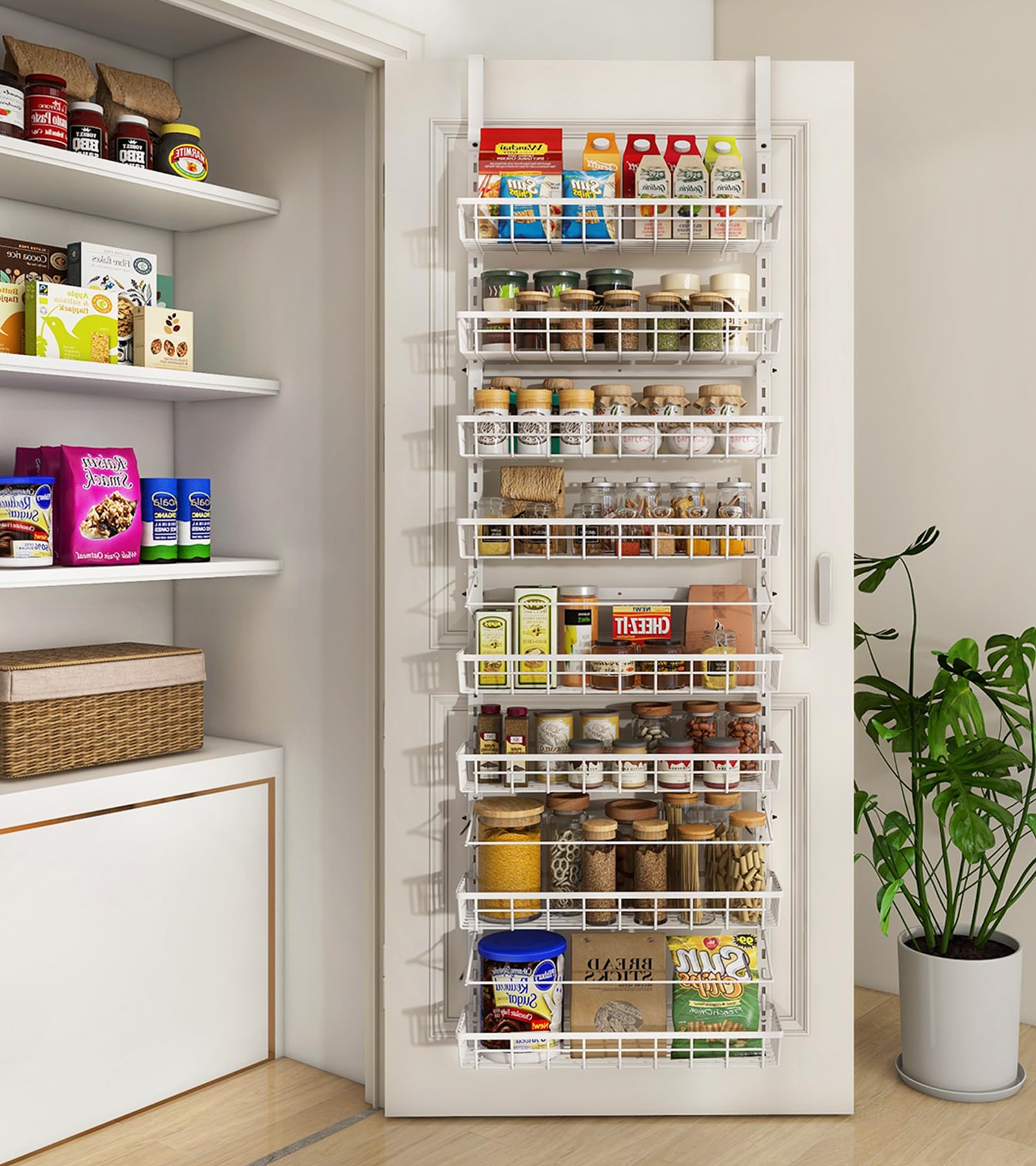 Photo 1 of Mefirt Over The Door Pantry Organizer, Wall Mount Spice Rack, Pantry Hanging Storage and Organization, 8 Adjustable Baskets Heavy-Duty Metal for Home & Kitchen, Back of Door Seasoning Rack - White