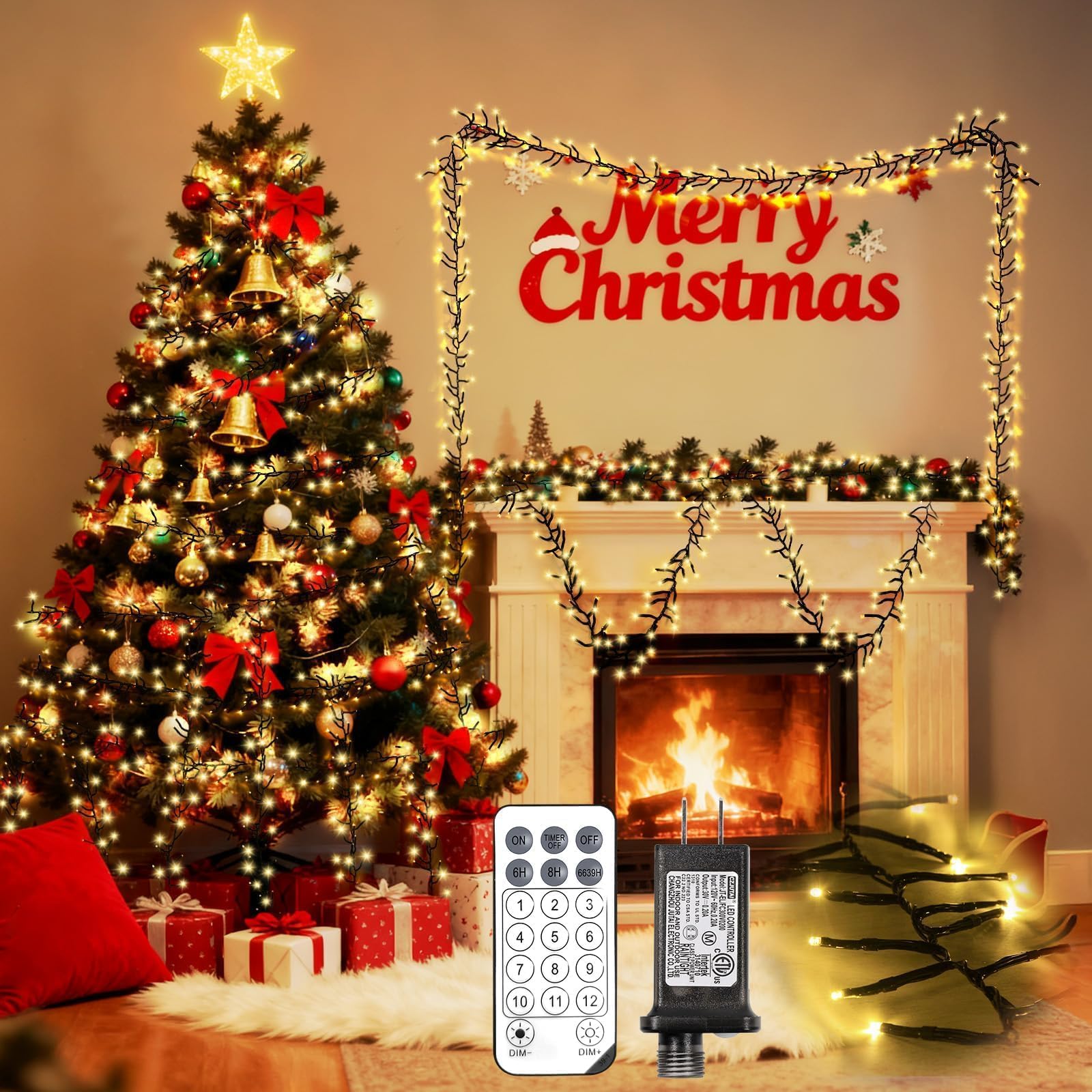 Photo 1 of 1200 LED 59FT Christmas Cluster Lights, Warm White Christmas Tree Lights Outdoor, Firecrackers String Light with 12 Modes Timer Remote, Waterproof Plug in Twinkle Fairy Light for Xmas Tree Garland