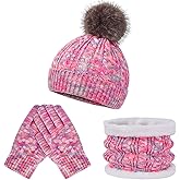 Kids Winter Hat Scarf Gloves Set - Thermal Fleece Lined Beanie with Pompoms, Soft Mittens & Neck Warmer for Boys Girls 1-12