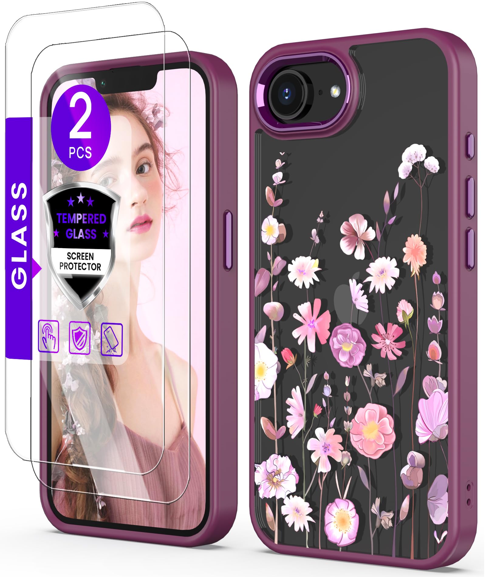 DagoRoo for iPhone 16E/17E Case+Tempered Glass Screen Protector, [Military Grade Protective] Slim Soft TPU & Hard PC,Girls Women Crystal Clear Flower Pattern Cover for iPhone 16E/17E-Floral