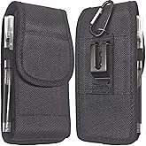 DpS Holster for iPhone 16e 16 15 14 13 12 & Pro Models, Galaxy S25, S24, S23, S22 Phone Belt Holder Case with Clip, Rugged Nylon Carrying Pouch w Card Holder (Fits Otterbox Cover on),Black (Medium)