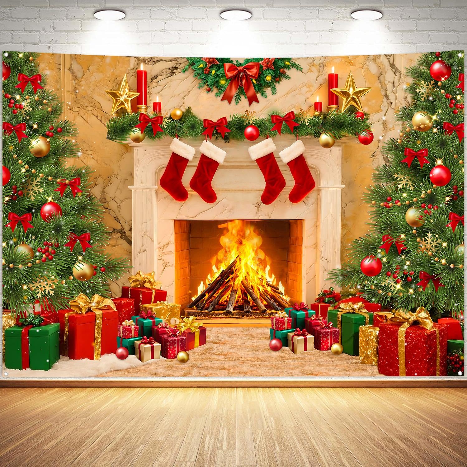 Photo 1 of Christmas Backdrops for Photography, Fireplace Photo Backdrop for Wall Photoshoot, Xmas Background Holiday Party Tree Red Socks Gifts Decorations 7x5FT
