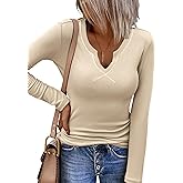 Zeagoo Womens Long Sleeve Shirts V-Neck Rib Knit Slim Fit Tops Casual Stretch Basic Tee Going Out Top Fall Fashion 2025