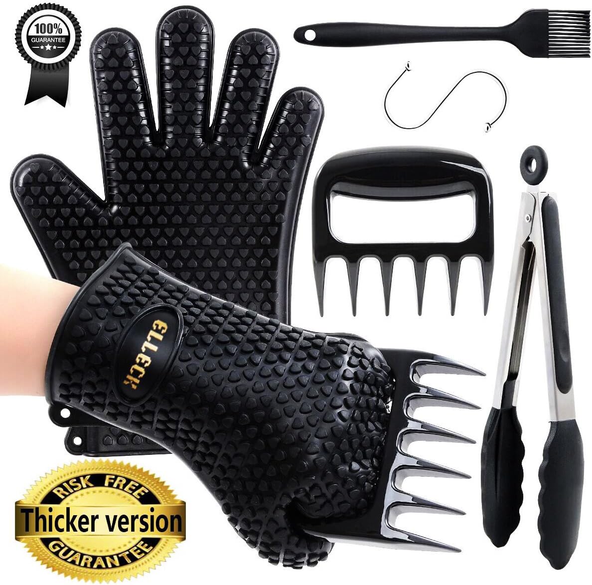 ELLECK Silicone BBQ/Cooking Gloves -Meat Shredder Claws -Kitchen Tongs -Silicone Brush Set, Silicone Heat Resistant Grilling BBQ, Oven, Grill, Baking, Cooking/Oven Gloves & Barbecue Claws (Black Set)