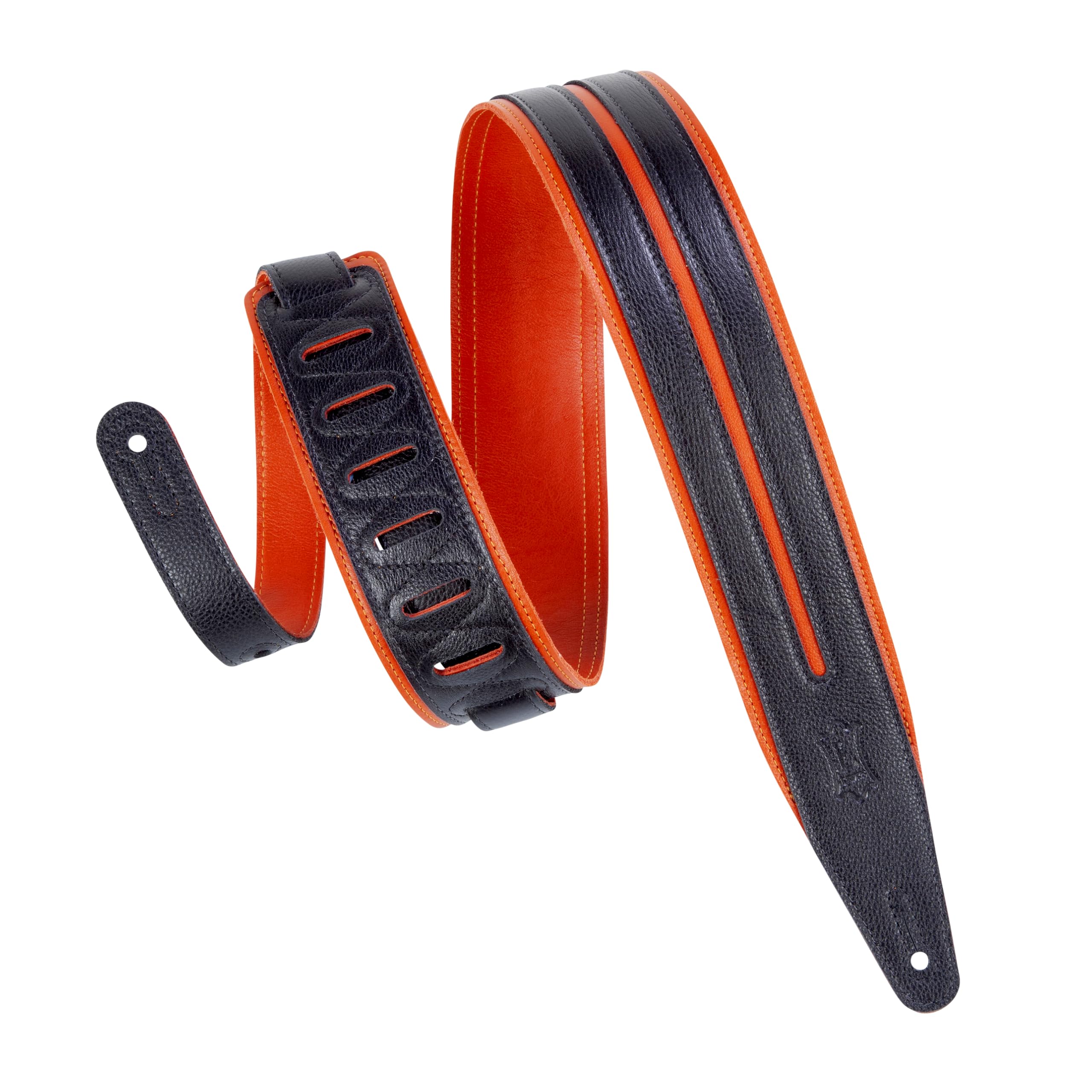 Levy's Leathers 2.5" Garment Leather Guitar Strap Double Racing Stripe Design; Black and Orange (MG317DRS-ORG_BLK)
