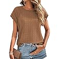 Dokotoo Tops for Women Trendy Summer Casual Cap Short Sleeve Basic Textured Solid Color Round Neck T Shirts Blouse