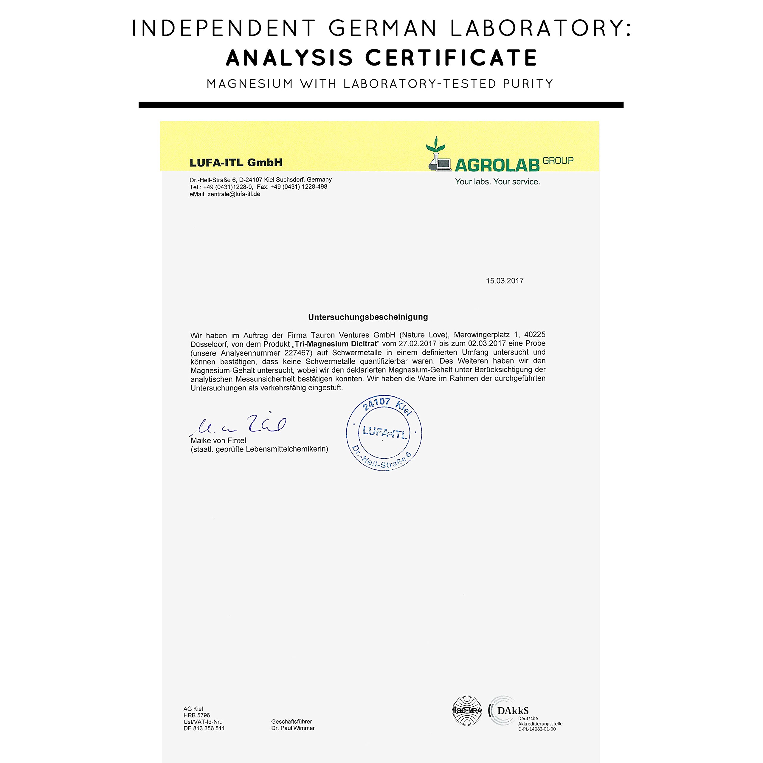 Magnesium – 2250 mg magnesium citrate per daily dose, of which 360 mg is elementary magnesium. 180 capsules. Laboratory tested and without added magnesium stearate. High dosage, vegan, and made in Germany