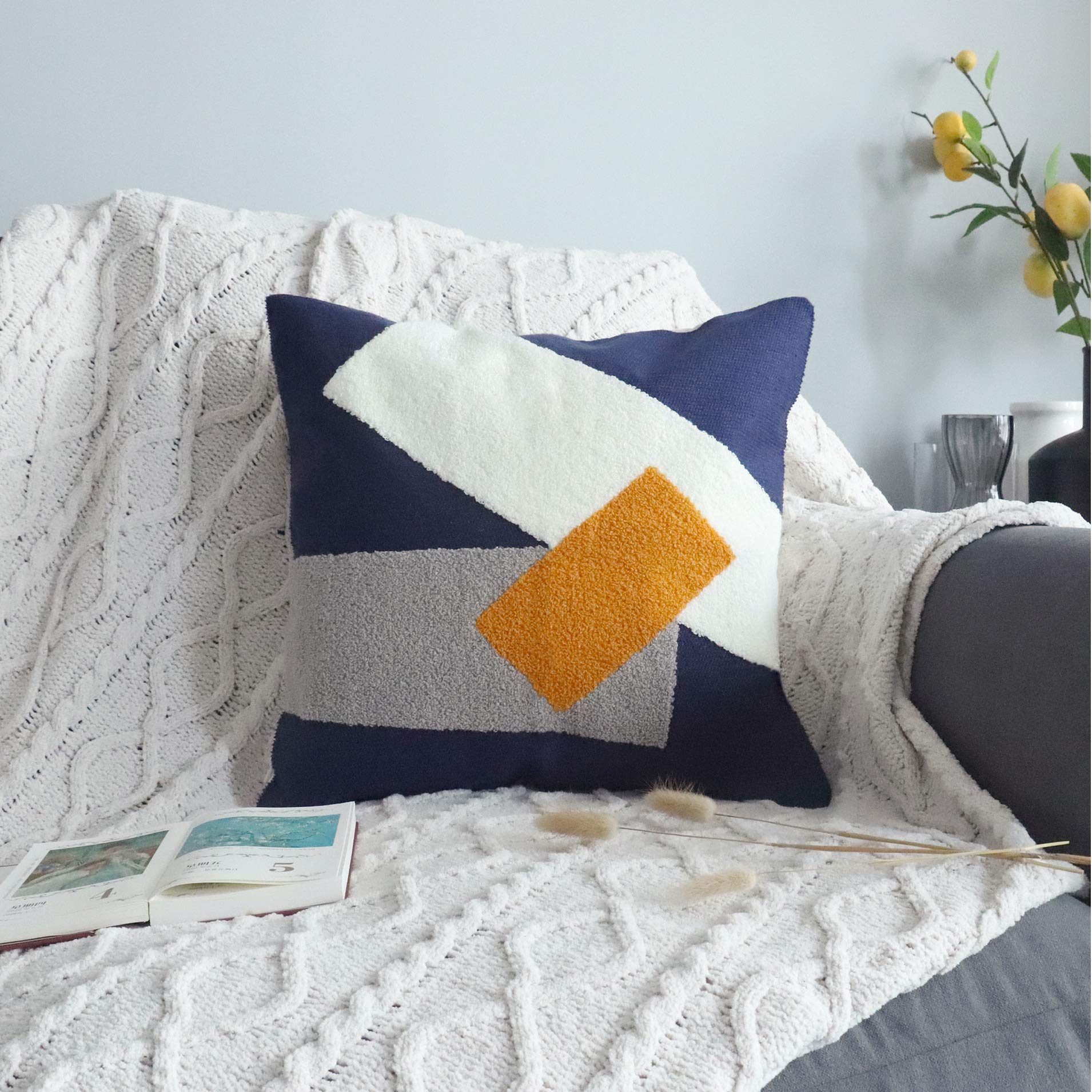 Photo 1 of VANNCIO Modern Decorative Throw Pillow Cover, Texture Embroidered Pillowcase with Mid Century Accent for Home Couch Sofa Beds Decoration, Geometric Cushion Sham, 1 PCS (Blue White)