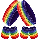 Bememo 6 Pcs Neon Sweatbands Set for Men Women 80s Tennis Striped Headband Sports Wristband Set Costumes Glow Cosplay Party