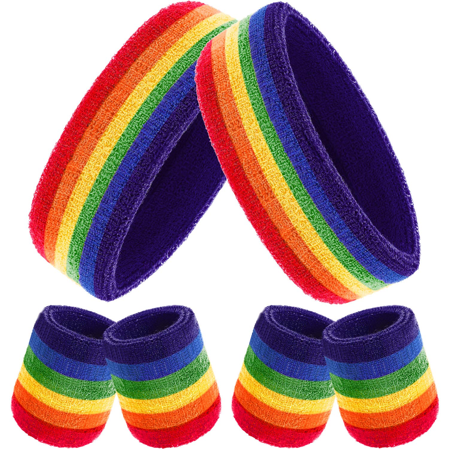 Bememo 6 Pieces Rainbow Color Striped Sweatbands Set, Unisex, All Ages, Multi-Sport: 2 Headbands & 4 Wristbands, Cotton, One Size, 3.15 Inch Width