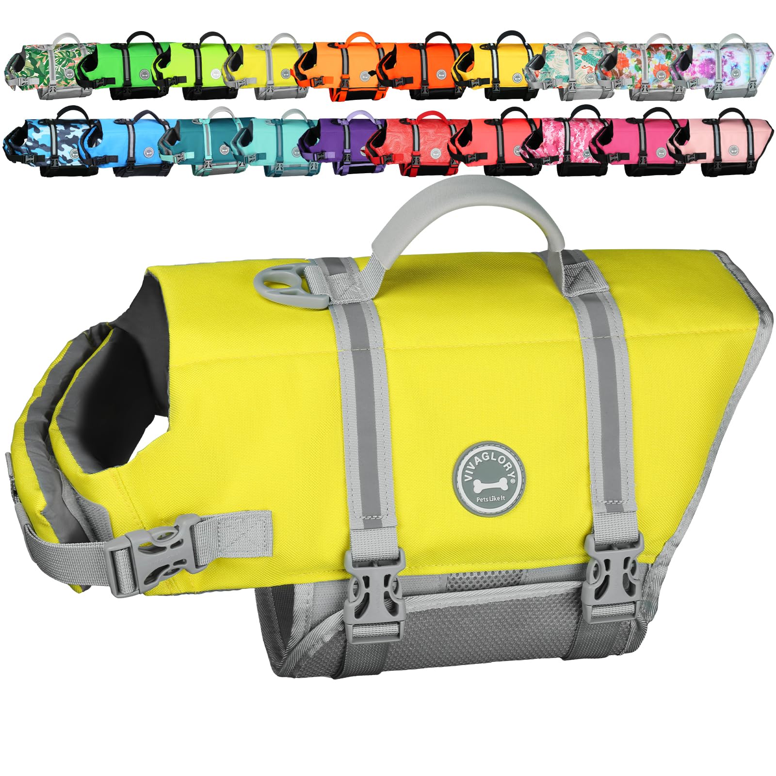 VIVAGLORY Rip Stop Dog Life Jacket, Buoyancy Aid with Handle, Buoyancy for Doggy, Dog Life Jacket for Swimming & Boating, XS, Yellow Grey