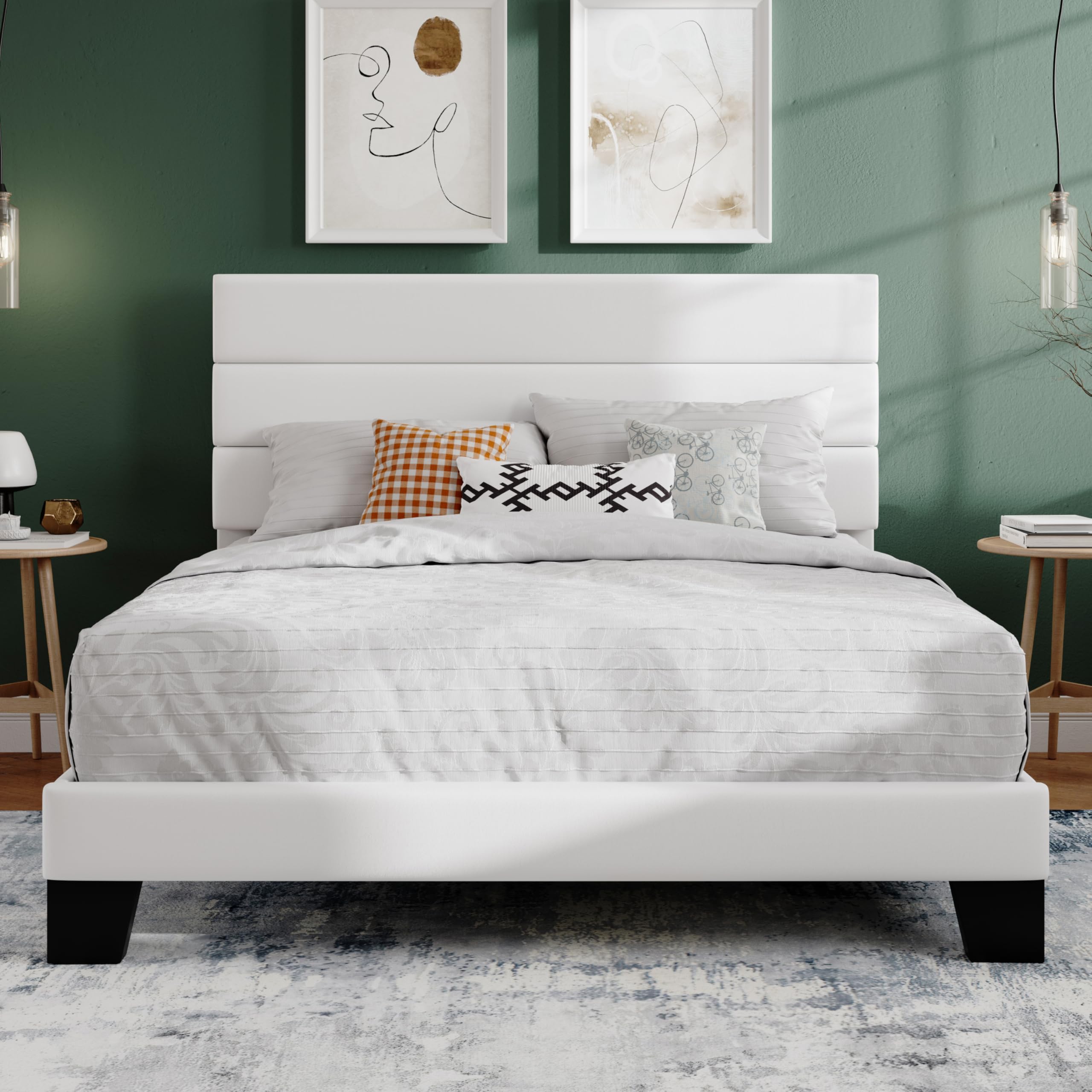 SHA CERLIN Queen Platform Bed Frame with Velvet Upholstered Headboard, Mattress Foundation with Strong Wooden Slats Support, No Box Spring Needed, White Image