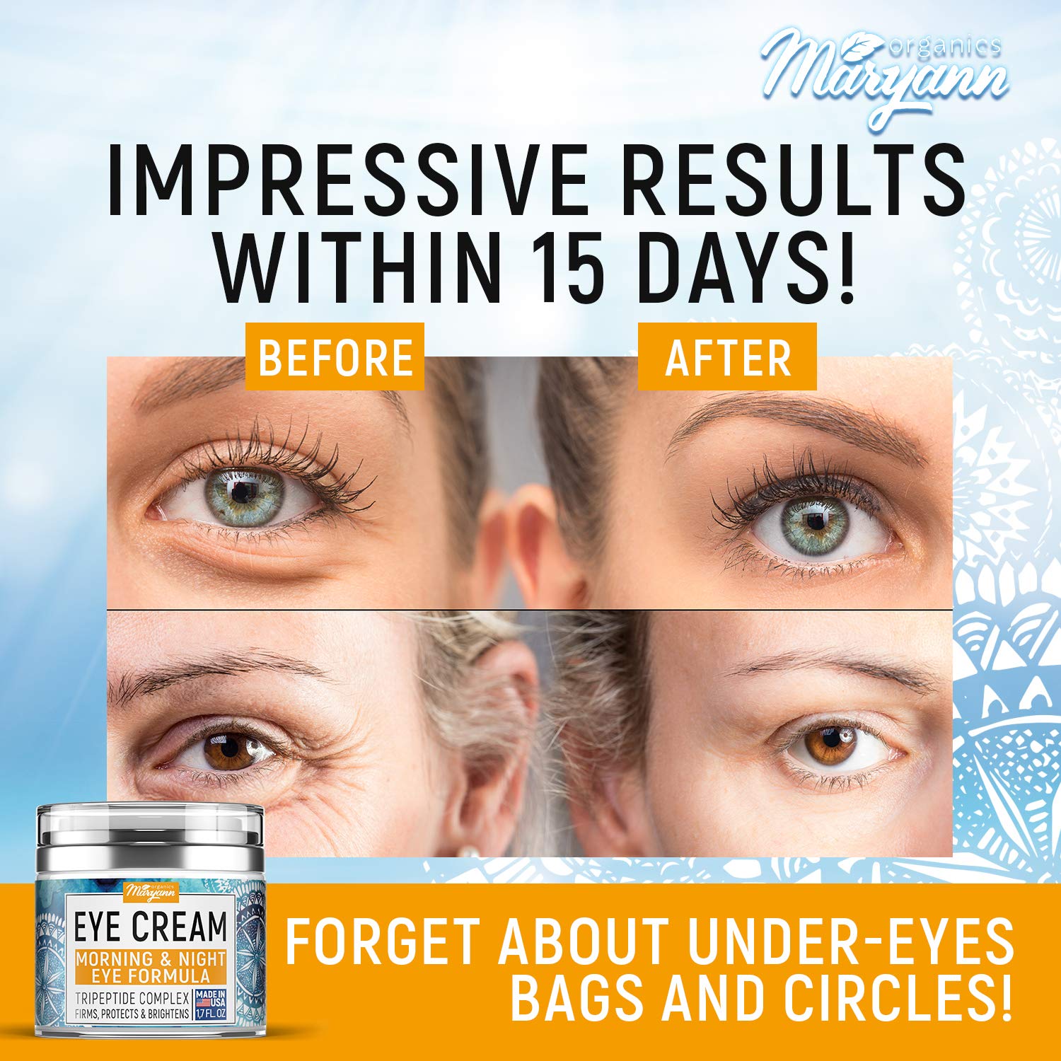 MARYANN Organics Eye Cream - Natural Formula with Hyaluronic Acid, Vitamin E & Aloe Vera - Made in USA - Anti Aging Cream for Women - Cleanse, Moisturize, and Protect Your Skin: Beauty