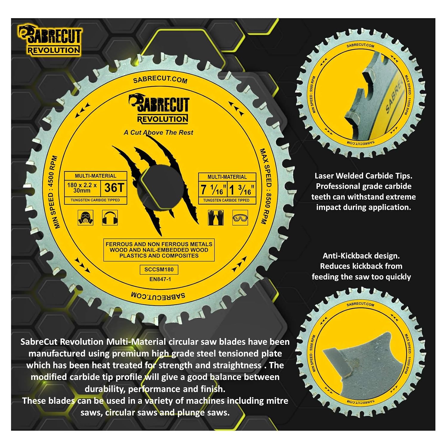 1 x SabreCut SCCSM180_36 180mm 36T x 30mm 25.4mm 20mm 16mm Bore Multi-Material Metal Wood Plastic Circular Saw Blade - Image 3