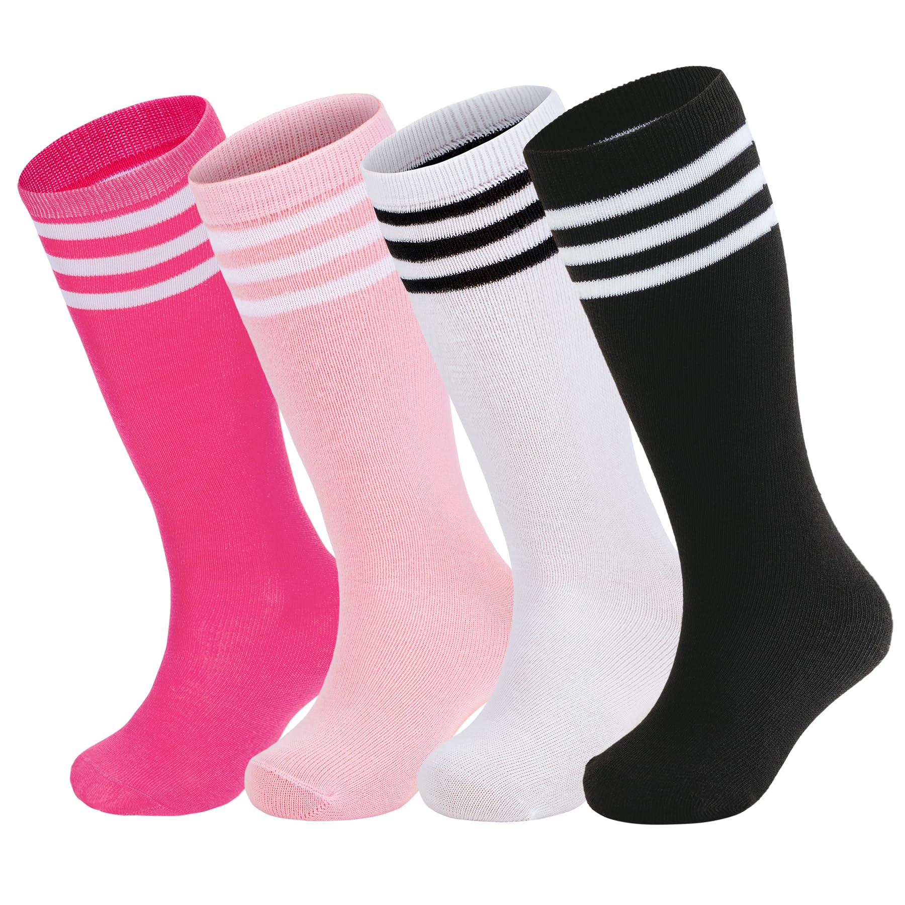 Photo 1 of Zando 4 Pairs Soccer Baseball Socks - Knee High Long Cotton Sport Tube Uniform for Boys Girls Youth Kids 6-9 Years (White/Black/Pink/Hot Pink)