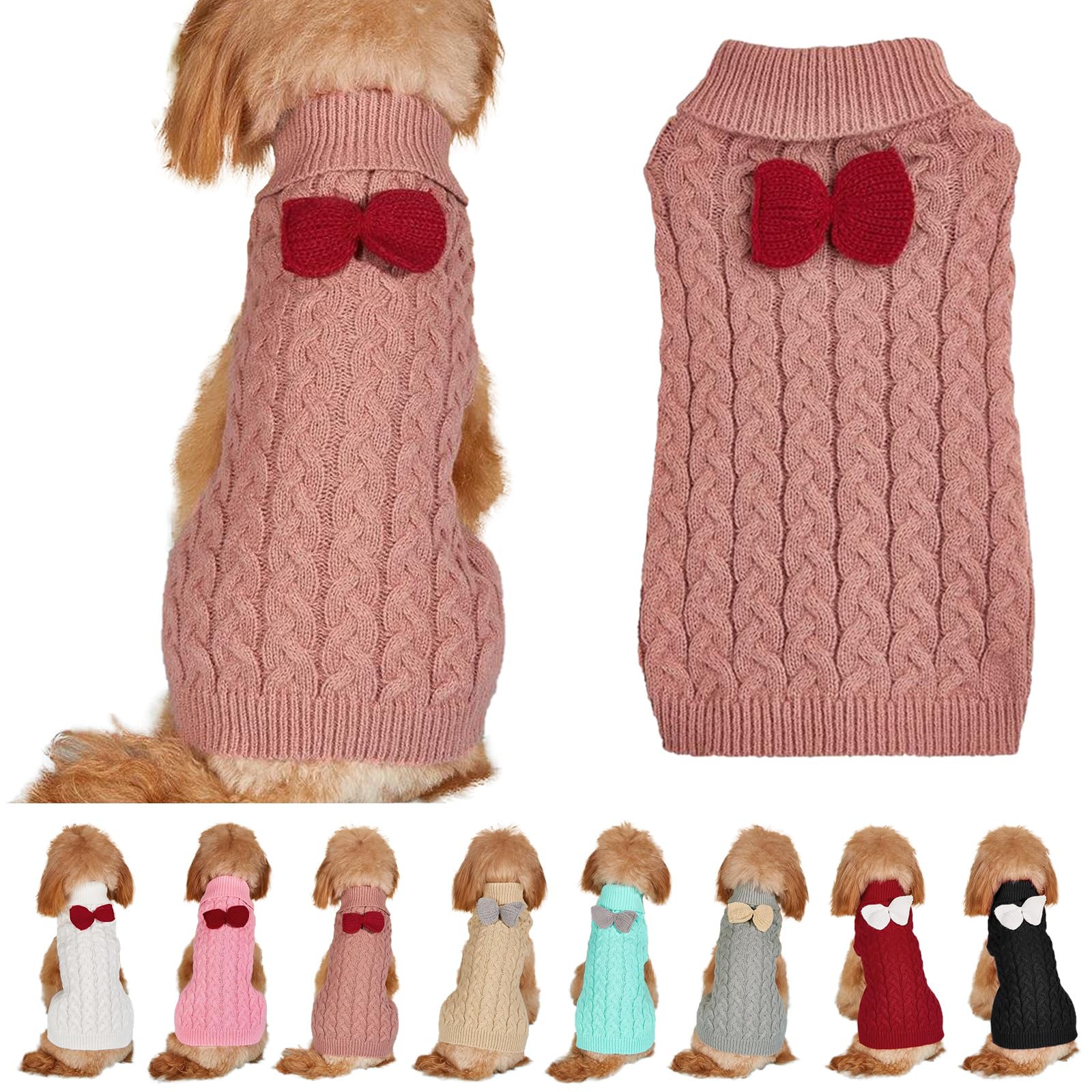 Dog Turtleneck Sweater Bow Knitting Dog Jumper Warm Dog Winter Clothes Pullover Knitwear Crochet Dog Coat Christmas Costume for Small Medium Large Dogs Cats (Rose pink, S)