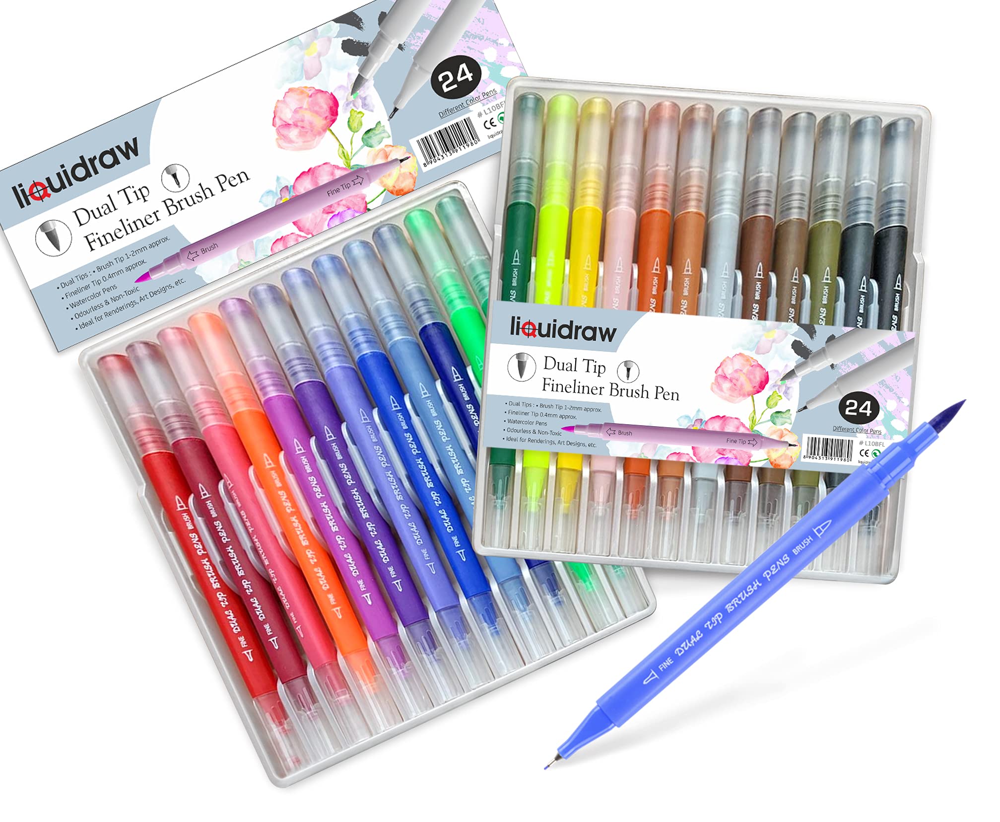 Liquidraw Dual Tip Brush Pens Fineliner Colouring Set Fineliners Coloured Watercolour Markers In Case For Adult Colouring Books, Sketching, Painting, Calligraphy, Drawing & Lettering (24)