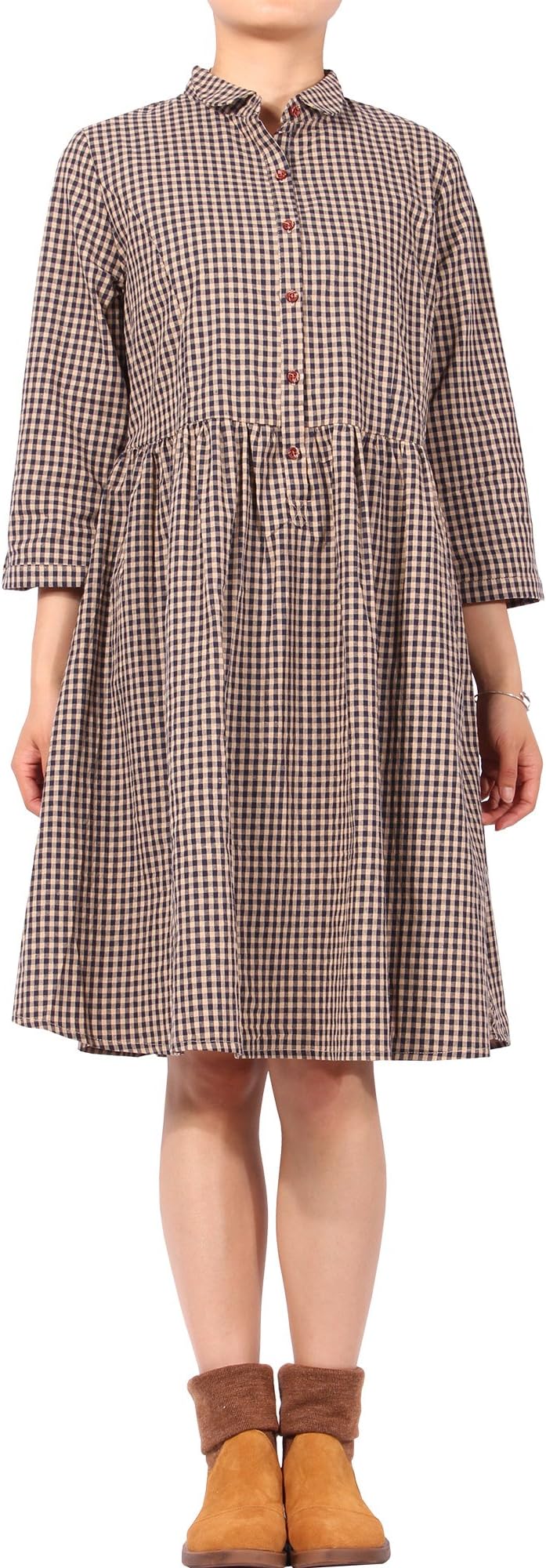CYSTYLE Women's 3/4 Sleeve Casual Plaid A-Line Shirt Dress with Pockets