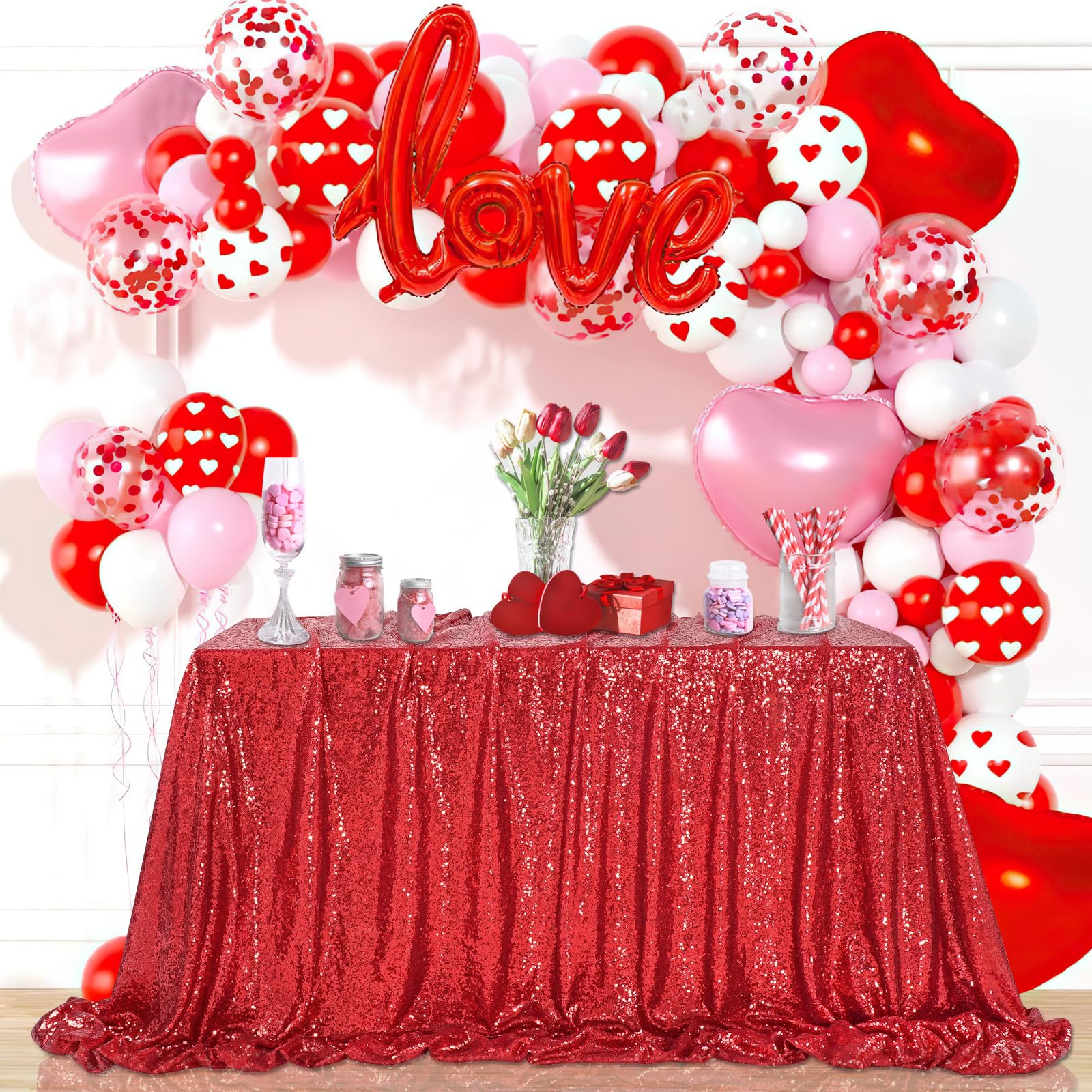 QueenDream Sequin Tablecloth 90"x156" Red Tablecloth Rectangular Party Tablecloth for Christmas Wedding Birthday Bridal Shower Decorations Image QueenDream Sequin Tablecloth 90"x156" Red Tablecloth Rectangular Party Tablecloth for Christmas Wedding Birthday Bridal Shower Decorations Image
