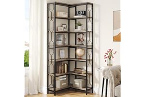 Tribesigns Corner Shelf, 7-Tier Industrial Corner Bookshelf, Wood and Metal Corner Etagere Bookcase, Freestanding Display Shelf for Living Room, Kitchen, Home Office, Gray