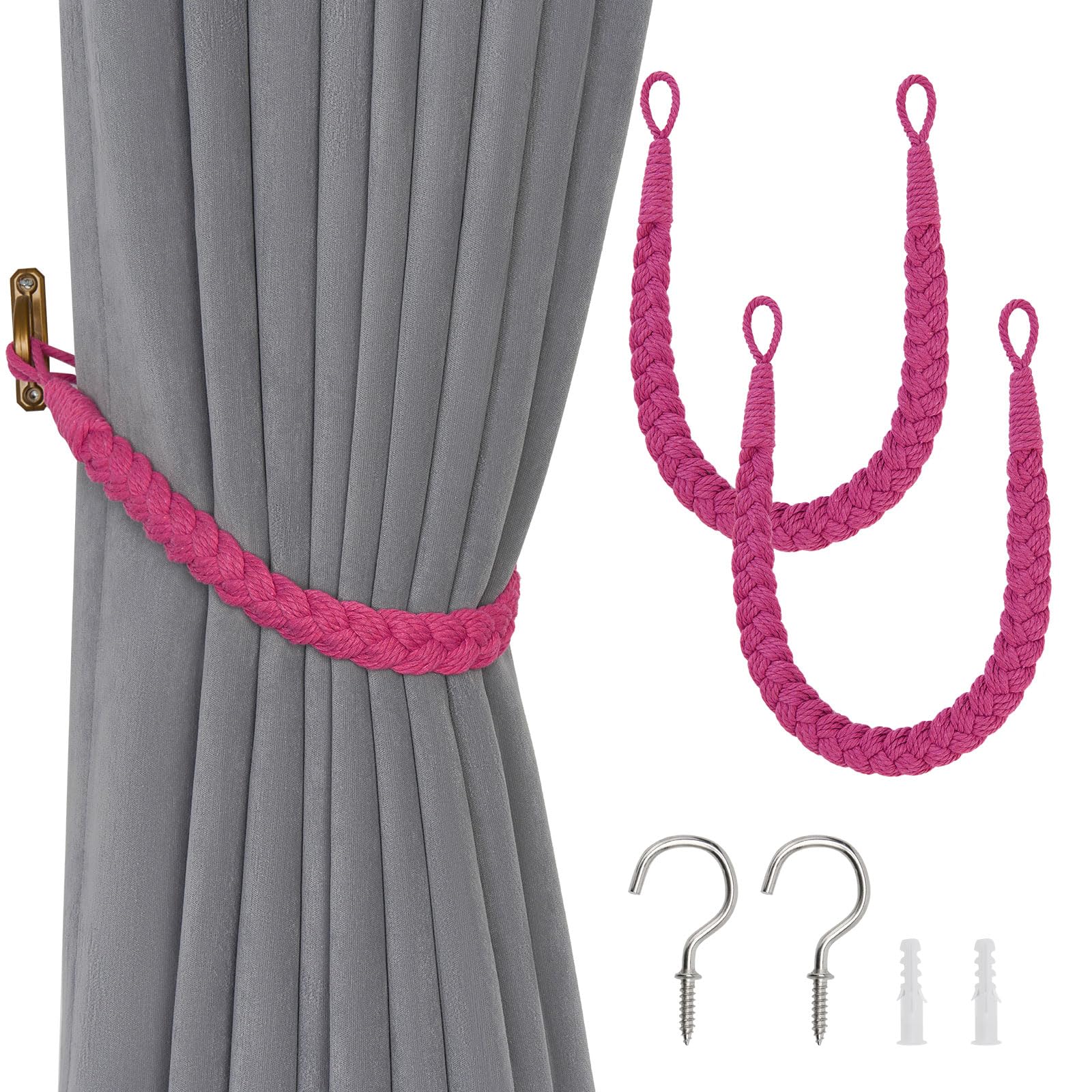 Pretty Jolly 2 Pack Natural Cotton Rope Curtain Tiebacks Elegant Boho Style Decorative Drape Tie Backs Soft Hand-Woven Rope Curtain Holdbacks with Metal Hook for Home & Office Drapery (Rose Red) — image 1